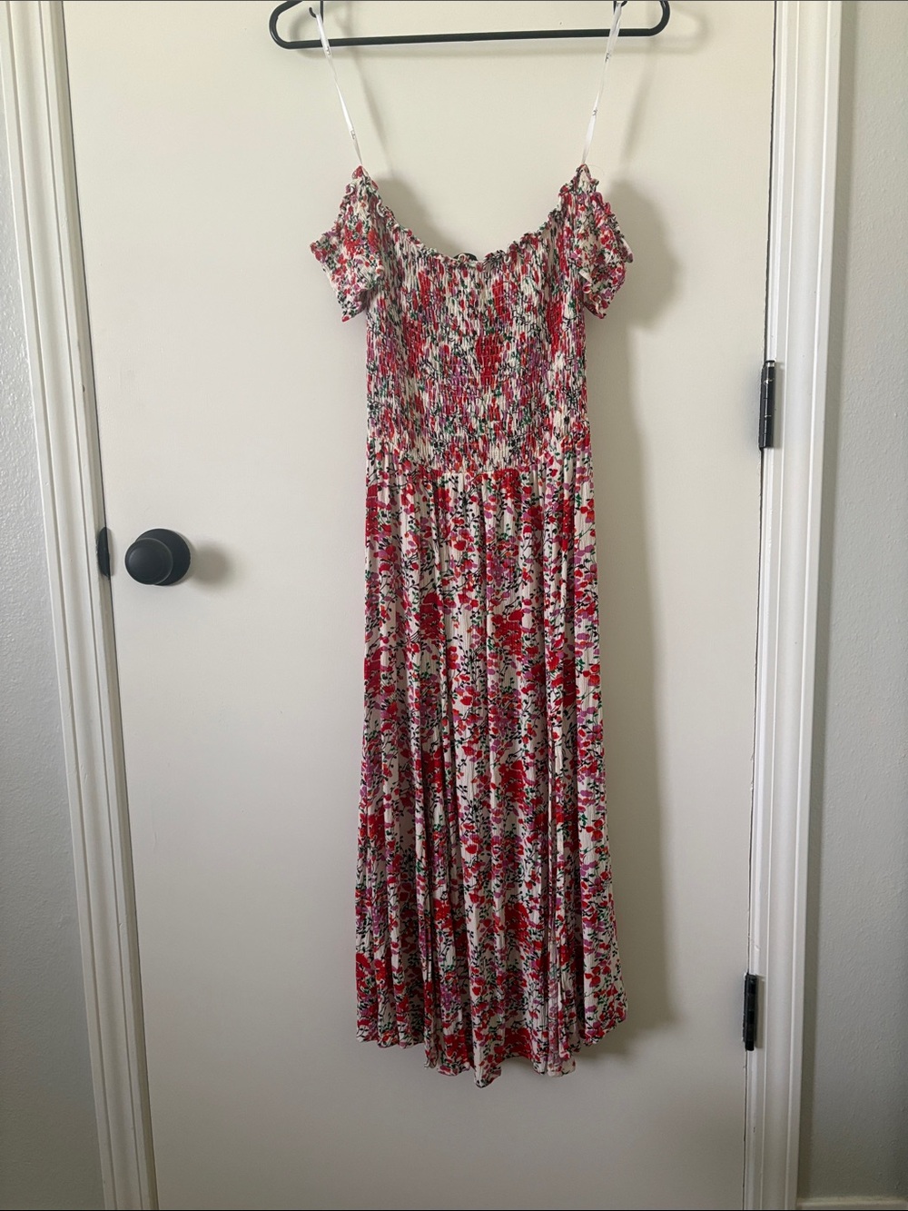 Lulu's White Floral Midi Dress with Red and Green Print